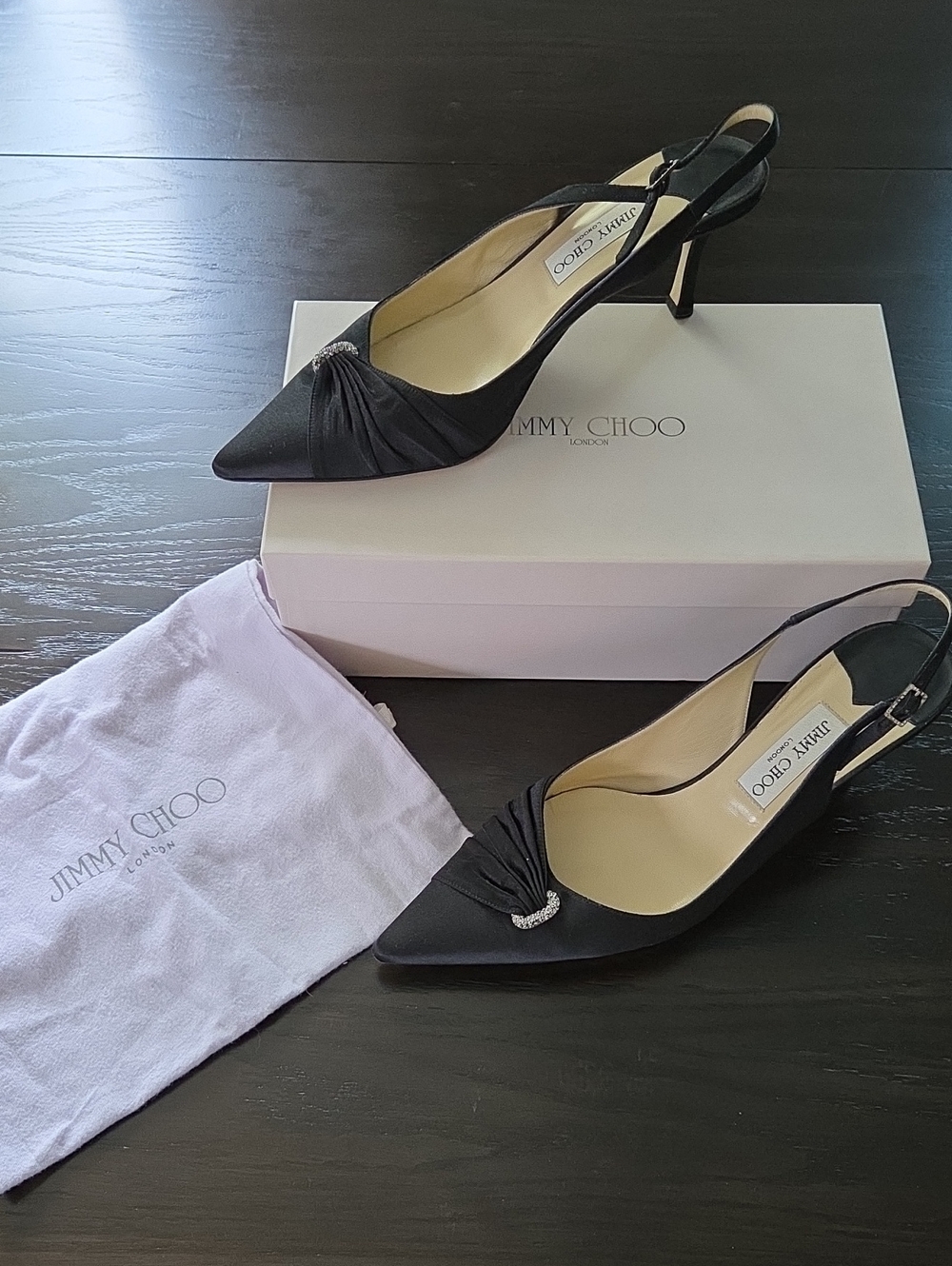 Jimmy Choo Black Satin Pointed Toe Slingback Heels with Crystal Accent